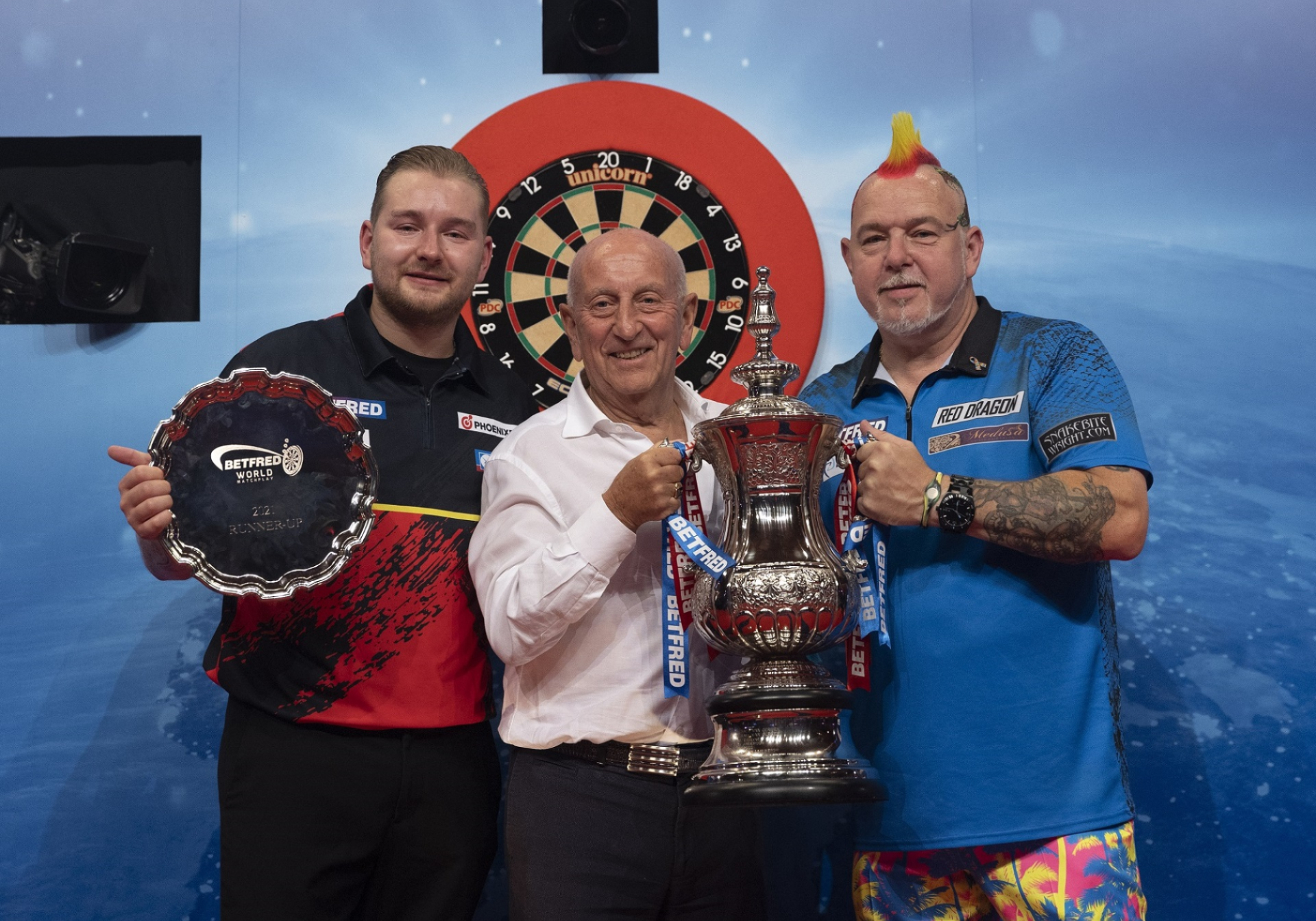 Peter Wright, Dimitri Van den Bergh & Fred Done - Betfred World Matchplay final (Lawrence Lustig, PDC)