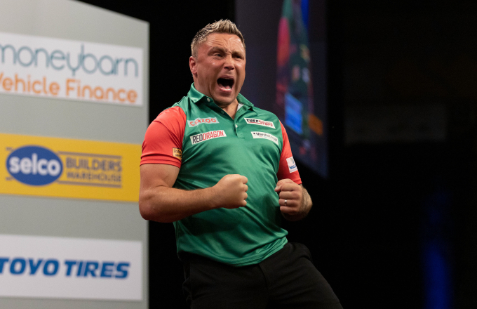 Gerwyn Price celebrates at the 2022 Cazoo World Cup of Darts