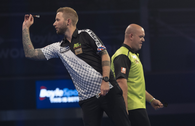 Danny Noppert and Michael van Gerwen in action on the PDC stage