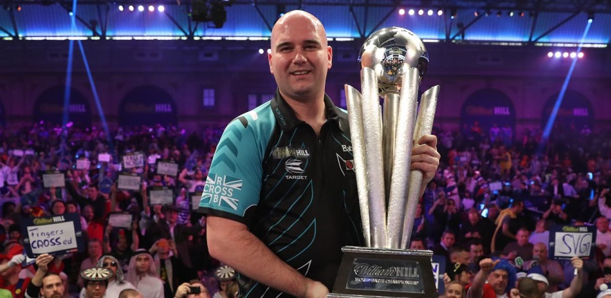 Rob Cross holding World Championship Trophy (Lawrence Lustig, PDC)