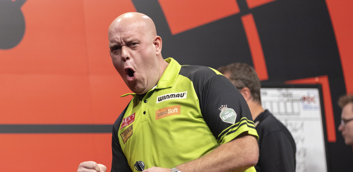 Michael van Gerwen celebrates at the Dutch Darts Championship