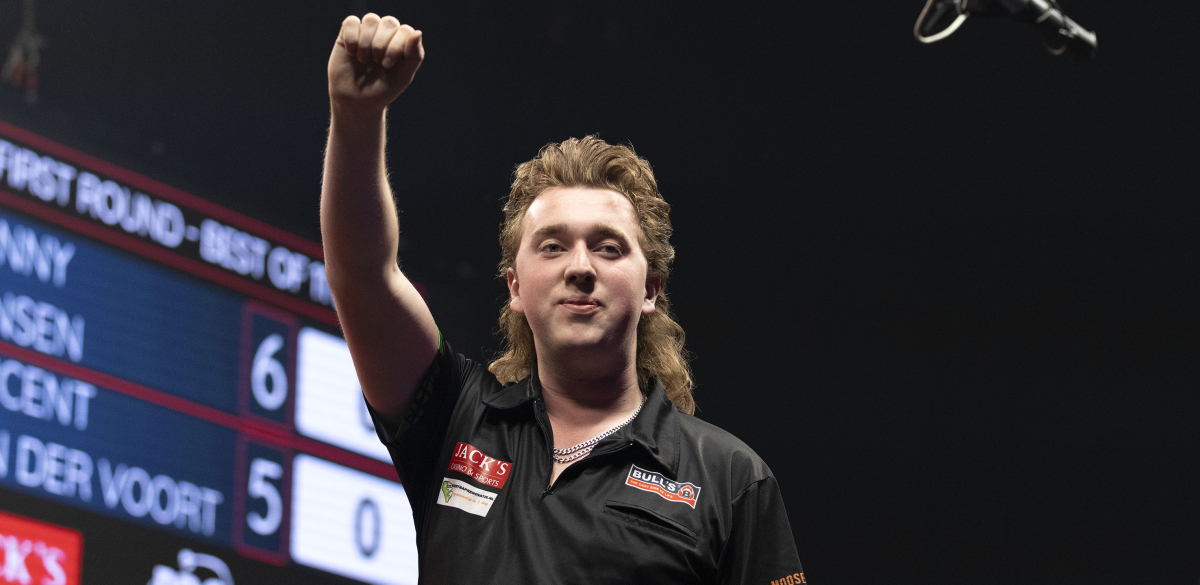 Danny Jansen celebrates defeating Vincent van der Voort at the Dutch Darts Championship