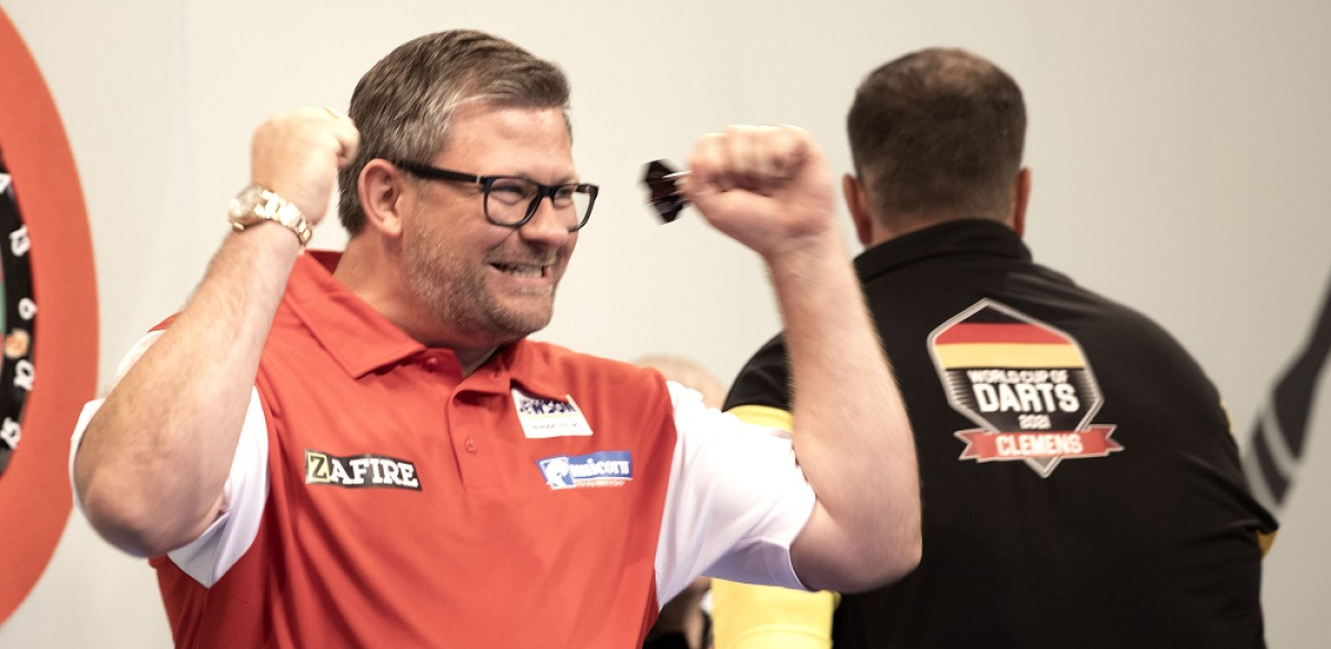 James Wade celebrates at the 2021 Cazoo World Cup of Darts