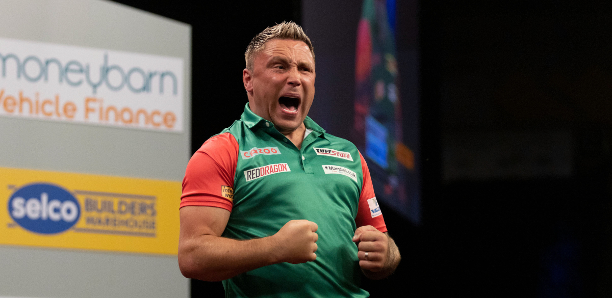 Gerwyn Price celebrates at the 2022 Cazoo World Cup of Darts