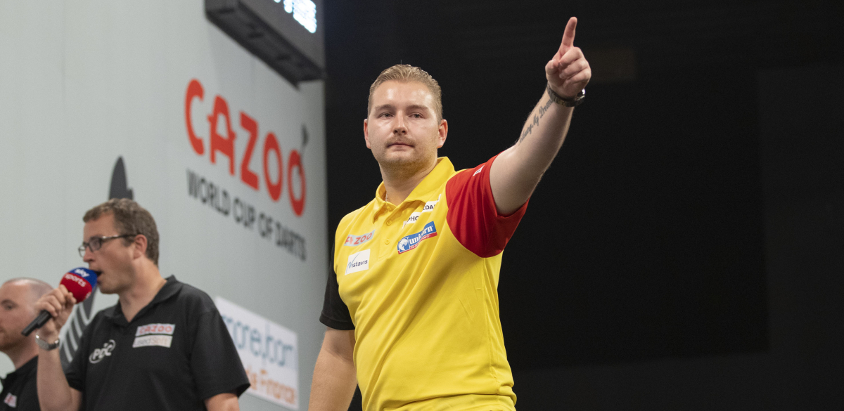 Dimitri Van den Bergh in action at the World Cup of Darts