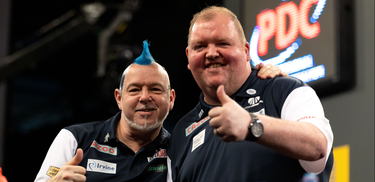 Peter Wright and John Henderson in good spirits at the World Cup