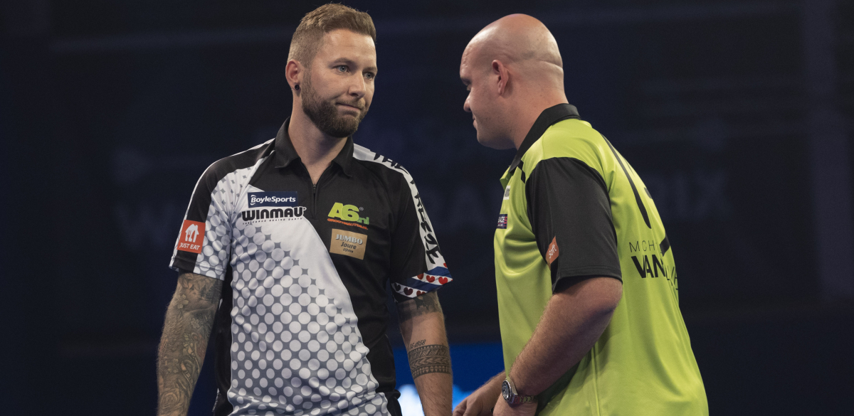Danny Noppert and Michael van Gerwen on stage at the 2021 World Grand Prix