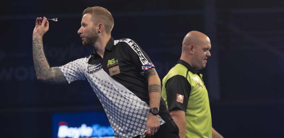 Danny Noppert and Michael van Gerwen in action on the PDC stage