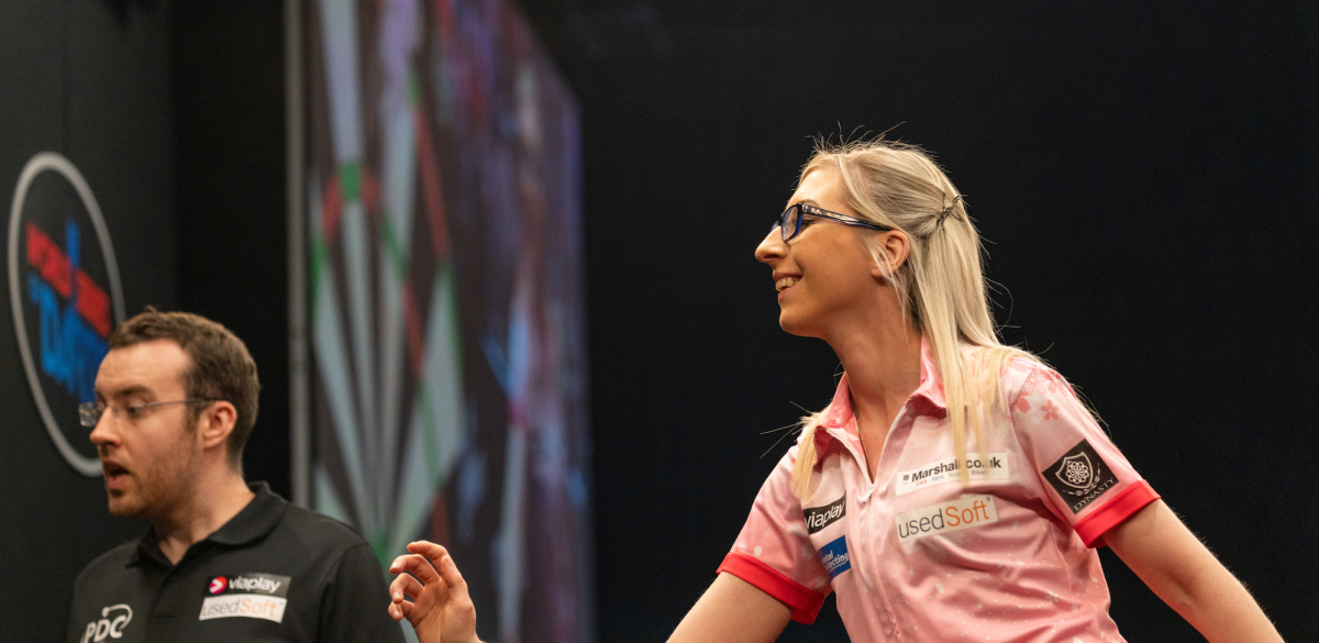 Fallon Sherrock in action at the Nordic Darts Masters