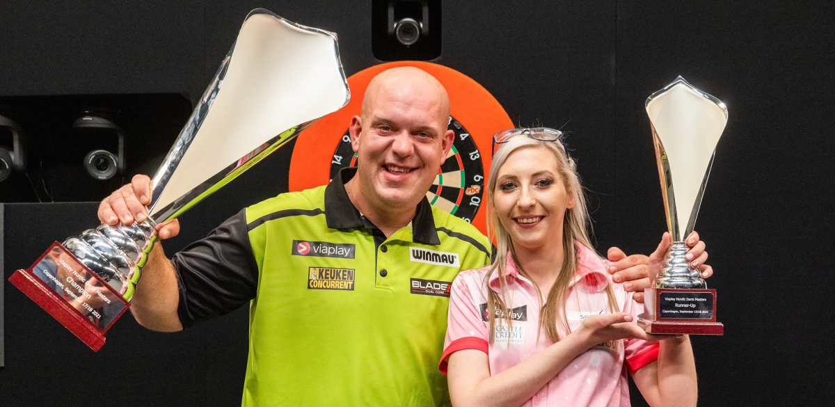 Michael van Gerwen and Fallon Sherrock at last year's Nordic Darts Masters