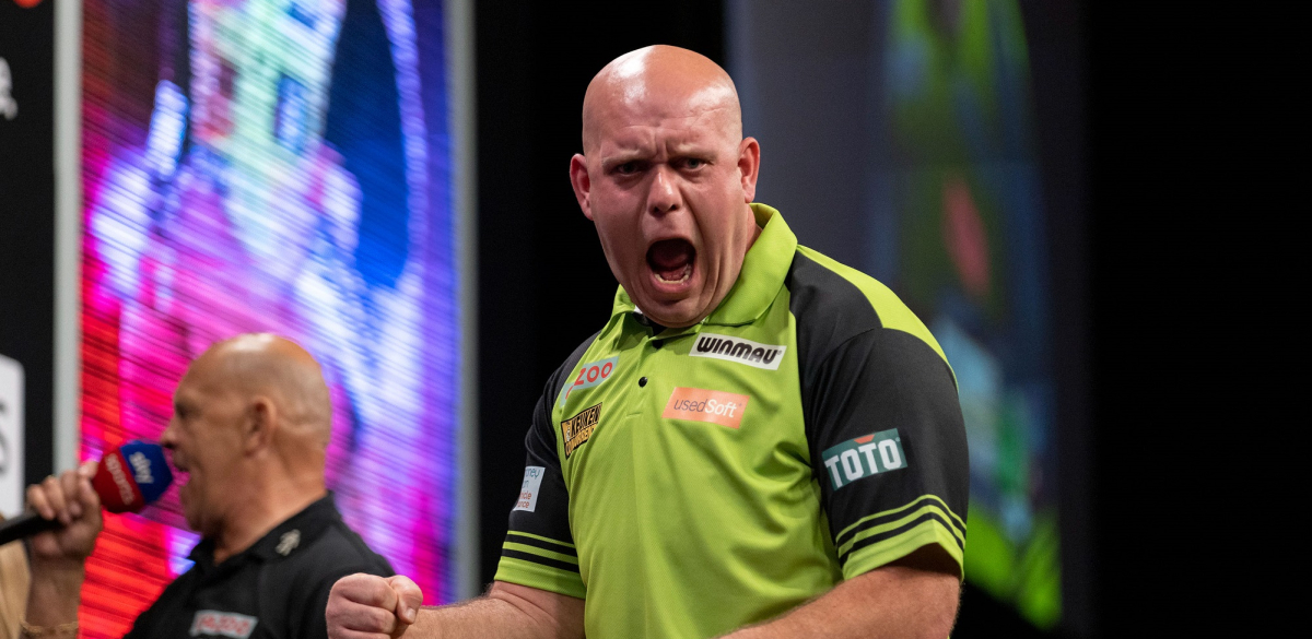 Michael van Gerwen celebrates his 2022 Premier League success