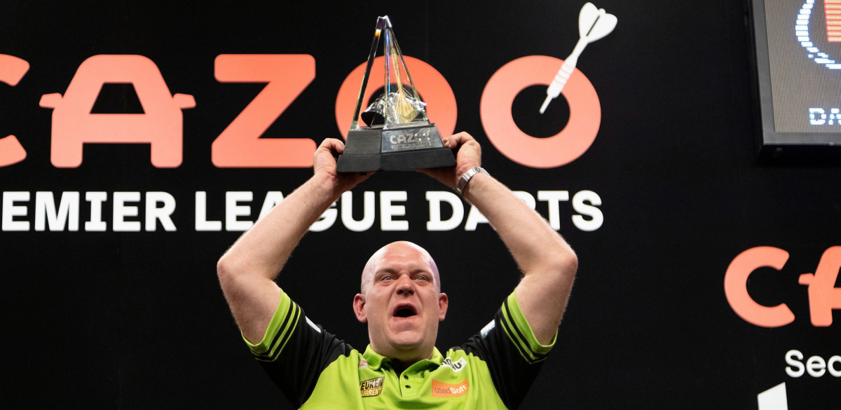 Michael van Gerwen celebrates his sixth Cazoo Premier League success