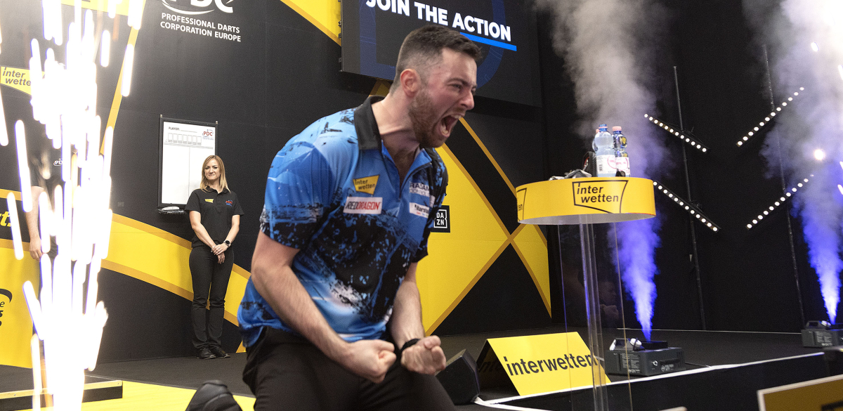 Luke Humphries celebrates his European Darts Matchplay success