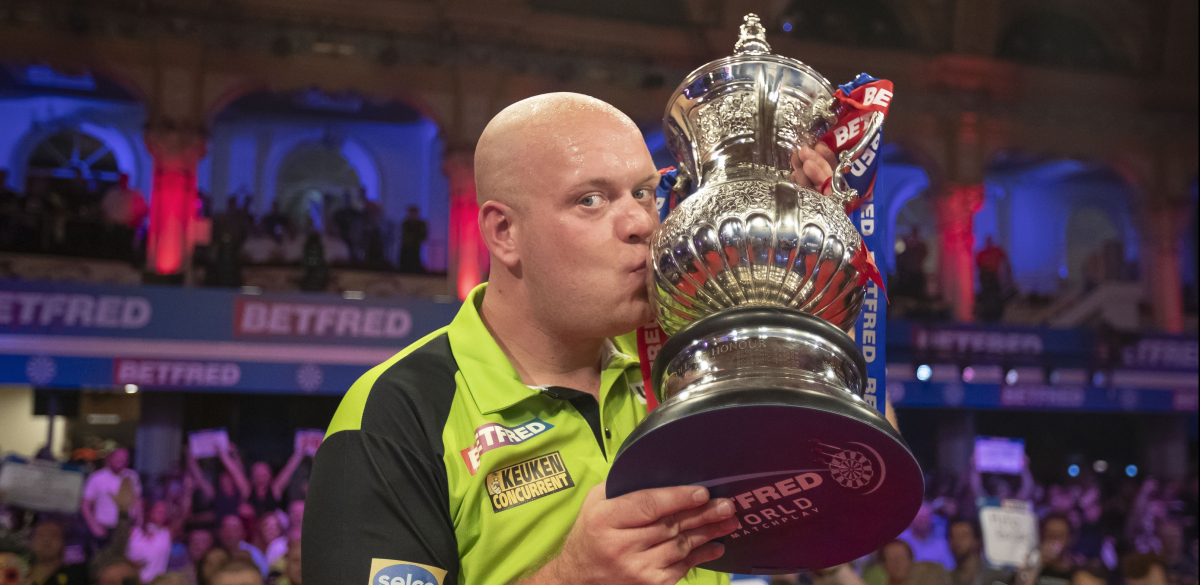 Michael van Gerwen celebrates his third Betfred World Matchplay triumph