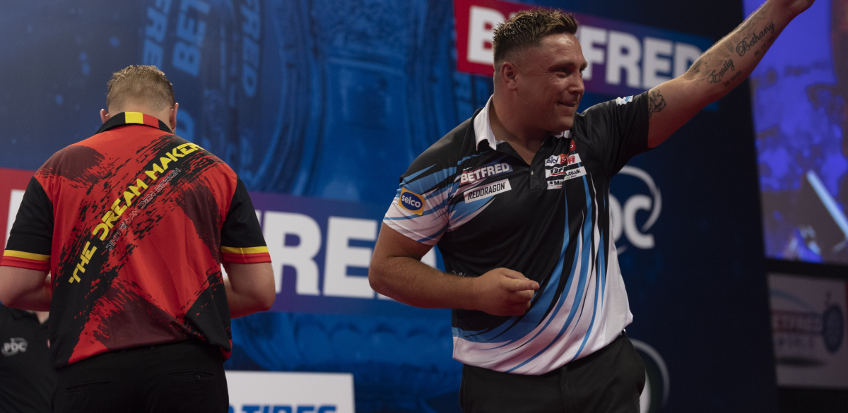 Gerwyn Price and Dimitri Van den Bergh on stage at the 2021 Betfred World Matchplay