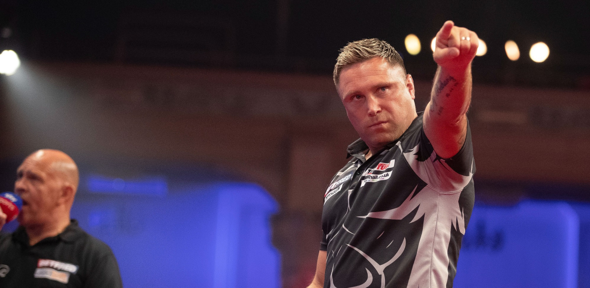 Gerwyn Price celebrates at the 2022 Betfred World Matchplay