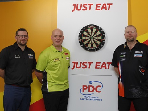 James Wade, Michael van Gerwen & Raymond van Barneveld launch Just Eat partnership (Lawrence Lustig)