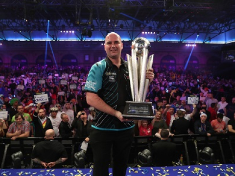 Rob Cross holding World Championship Trophy (Lawrence Lustig, PDC)