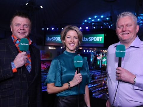 ITV presenter Jacqui Oatley with Chris Mason & Alan Warriner-Little (Lawrence Lustig, PDC)