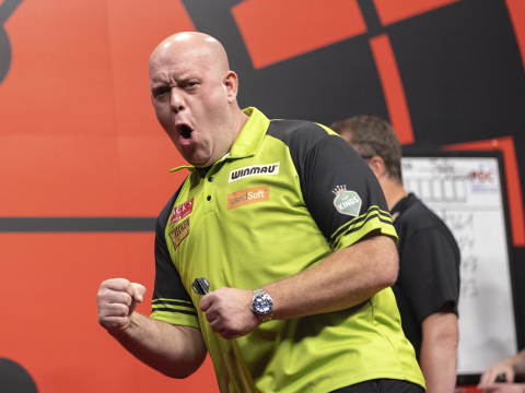 Michael van Gerwen celebrates at the Dutch Darts Championship