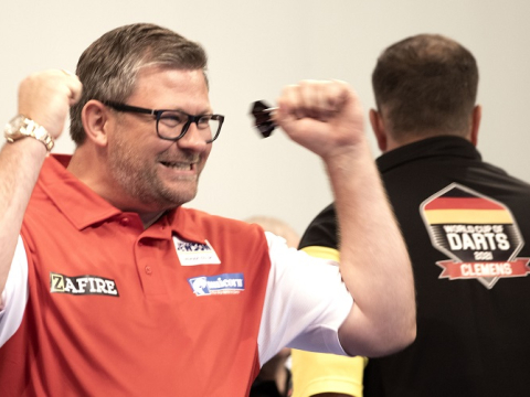 James Wade celebrates at the 2021 Cazoo World Cup of Darts