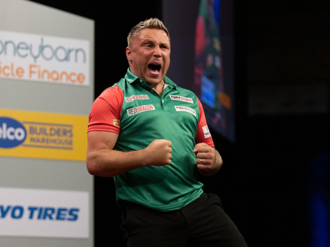 Gerwyn Price celebrates at the 2022 Cazoo World Cup of Darts