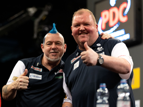 Peter Wright and John Henderson in good spirits at the World Cup