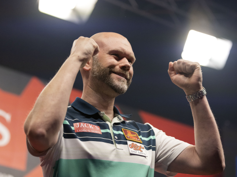 Daniel Larsson celebrates at the Dutch Darts Championship