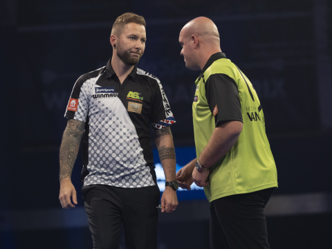 Danny Noppert and Michael van Gerwen on stage at the 2021 World Grand Prix