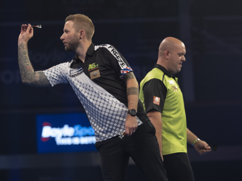 Danny Noppert and Michael van Gerwen in action on the PDC stage