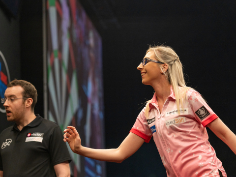 Fallon Sherrock in action at the Nordic Darts Masters