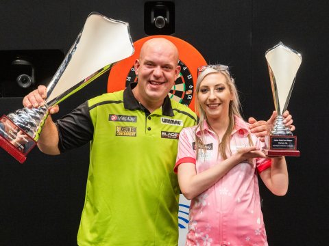 Michael van Gerwen and Fallon Sherrock at last year's Nordic Darts Masters