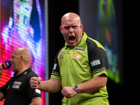 Michael van Gerwen celebrates his 2022 Premier League success