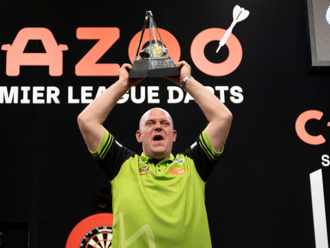 Michael van Gerwen celebrates his sixth Cazoo Premier League success