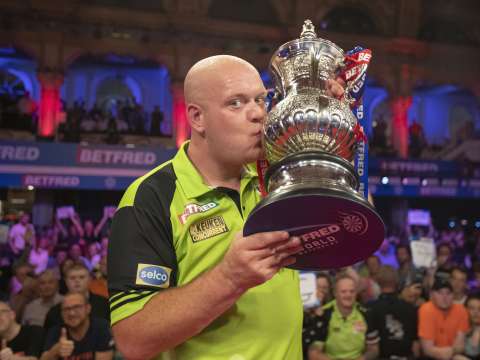 Michael van Gerwen celebrates his third Betfred World Matchplay triumph