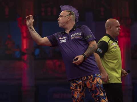 Peter Wright and Michael van Gerwen on stage at the 2021 World Matchplay