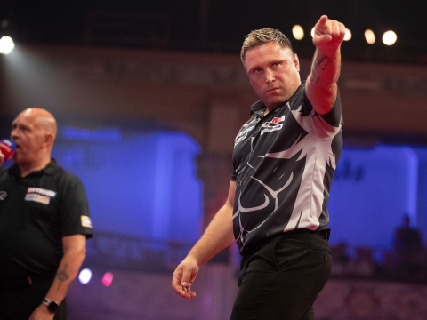 Gerwyn Price celebrates at the 2022 Betfred World Matchplay