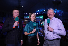 ITV presenter Jacqui Oatley MBE with Chris Mason & Alan Warriner-Little (Lawrence Lustig, PDC)