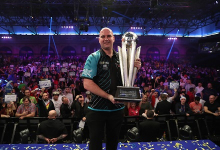 Rob Cross holding World Championship Trophy (Lawrence Lustig, PDC)