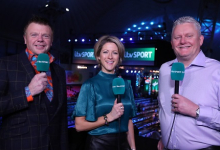 ITV presenter Jacqui Oatley with Chris Mason & Alan Warriner-Little (Lawrence Lustig, PDC)