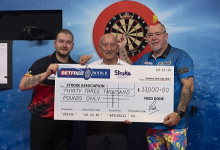 Betfred's Fred Done with Dimitri Van den Bergh & Peter Wright (Lawrence Lustig, PDC)