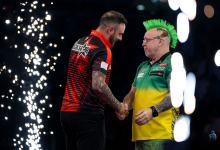 Joe Cullen and Peter Wright shake hands at The O2, London