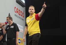 Dimitri Van den Bergh in action at the World Cup of Darts