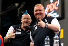 Peter Wright and John Henderson in good spirits at the World Cup