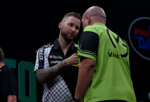 Danny Noppert shakes hands with Michael van Gerwen in Amsterdam