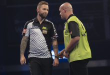 Danny Noppert and Michael van Gerwen on stage at the 2021 World Grand Prix
