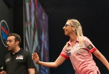 Fallon Sherrock in action at the Nordic Darts Masters