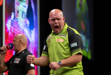 Michael van Gerwen celebrates his 2022 Premier League success