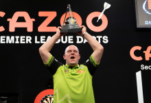 Michael van Gerwen celebrates his sixth Cazoo Premier League success