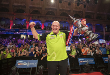 Michael van Gerwen celebrates his third World Matchplay triumph